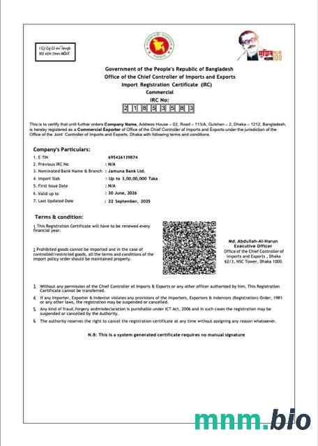 Bangladesz import świadectwo rejestracji Word i PDF szablon